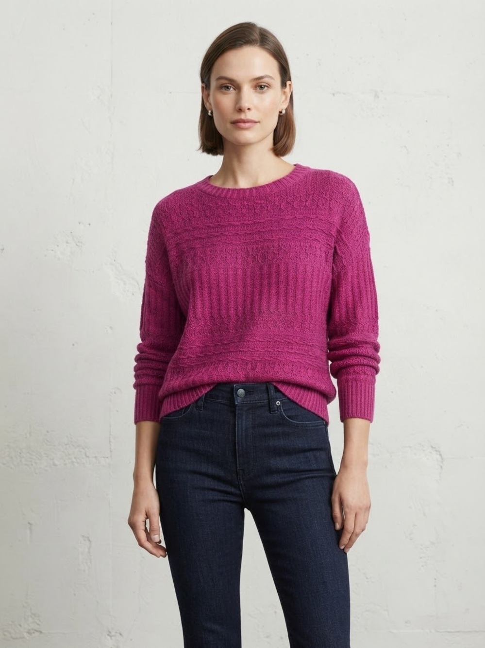 Wild Fable Magenta Pink Open Knit Textured Crewneck Sweater Size Medium